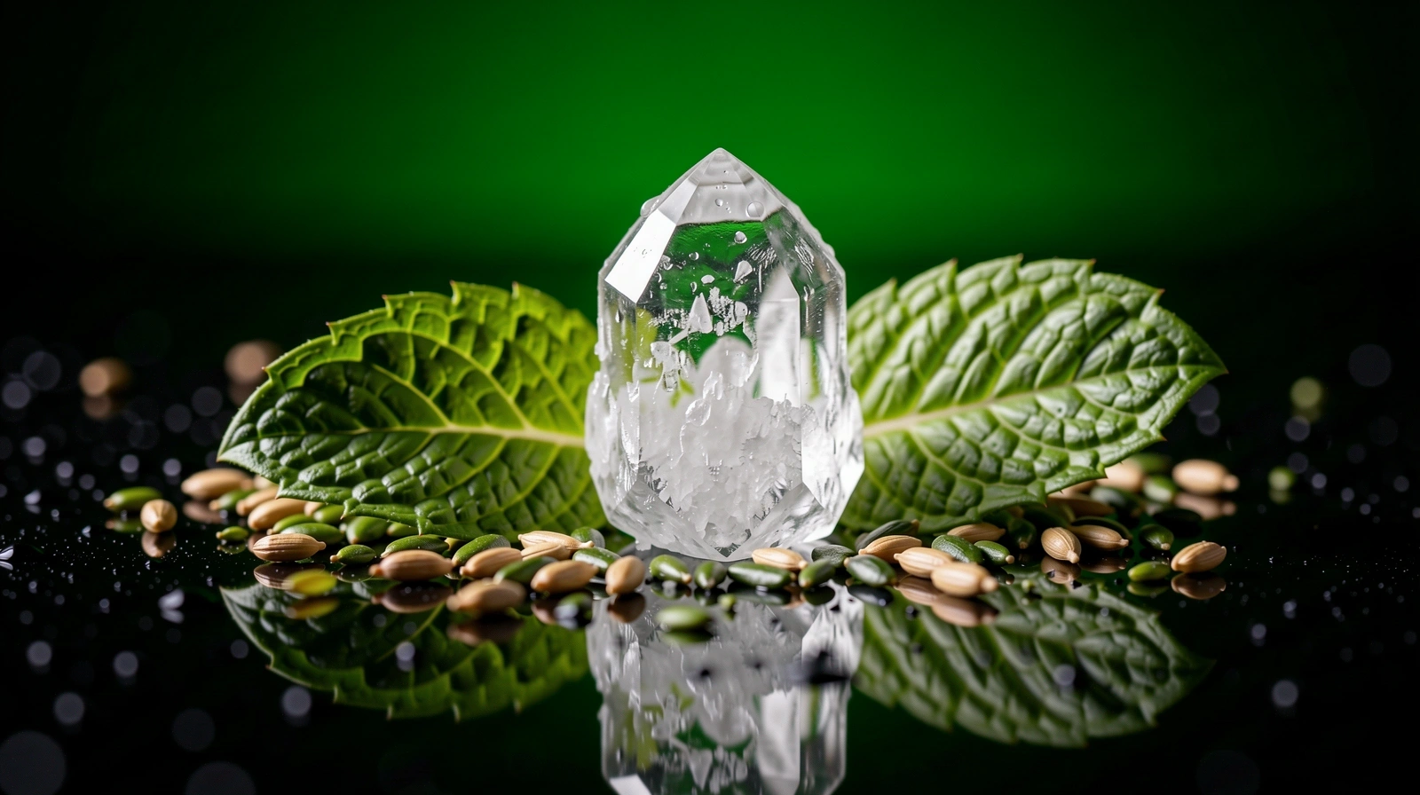 Dettaglio macro di un cristallo di sale e una foglia di menta